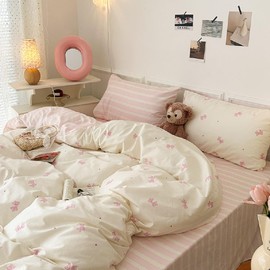 Sedefen Bed Linen 200 x 200 cm Girls Pink with Bows Striped Microfibre Bed Linen Set Pink White Children's Oeko-Tex Bed Linen Set Duvet Cover with Zip and 2 Pillowcases 80 x 80 cm