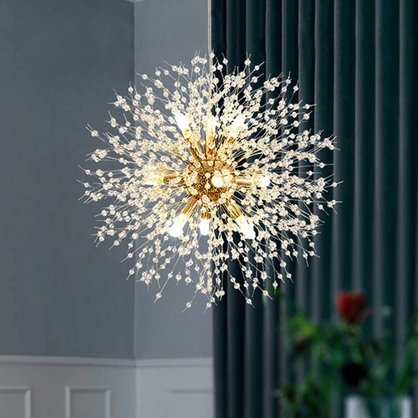 Yiisem Gold Crystal Chandeliers, 9-Light Modern Dandelion Firework Pendant Lighting, G9 Hanging Chandelier Light Fixtures for Dining Room Bedroom Hallway Kitchen Aisle