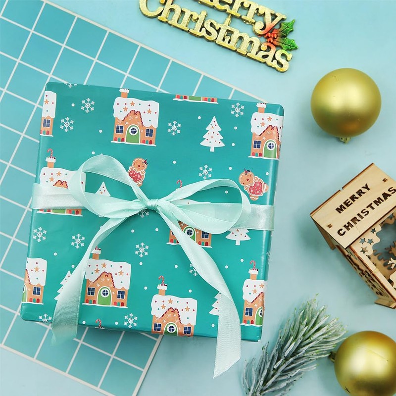 Gingerbread Man Wrapping Paper, 4 Sheets Gingerbread House Green Christmas