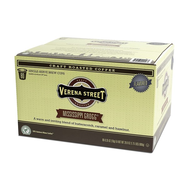 Verena Street Single Cup Pods (80 Count) Flavored Coffee, Mississippi Grogg, Rainforest Alliance Certified Arabica Coffee, Compatible with Keurig K-cup Brewers