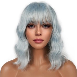 LANCAINI Short Bob Wigs with Bangs for Women Loose Wavy Wig Curly Wavy Shoulder Length Bob Synthetic Cosplay Wig for Girl Colorful Costume Wigs (Ice Blue)