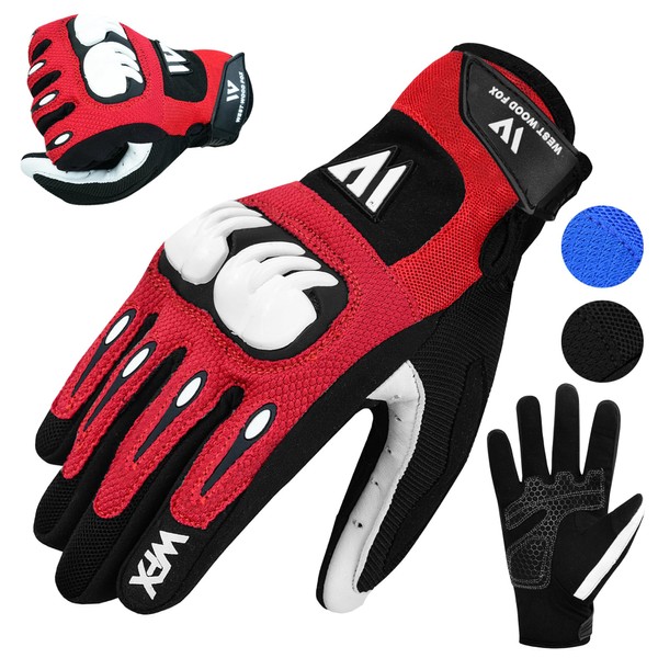 WESTWOOD FOX Motorcycle Gloves for Men and Women, Breathable, Touch Screen, Palm Pads Motorcycle Gloves for BMX, Cycling, ATV, MTB Racing, Road Racing, Climbing, Hiking (Red, XL)
