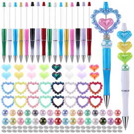 WEWAYSMILE 16 Pieces Beadable Pen DIY Ballpoint Pen Set in Black Ink With Hollow Love Heart Beads Solid Love Heart Beads Round Beads Cute Beaded Pen for Students Schools Office Supplies