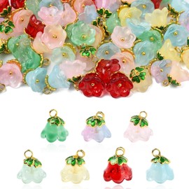 LiQunSweet 70 pcs 7 Colors Lily of the Valley Flower Theme Glass Charms Spring Floral Trumpet Bell Charms for DIY Jewelry Bracelet Necklace Earring Crafts Bag Keychian Decor