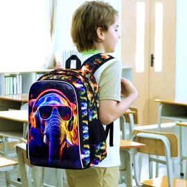 HPJGD 3PCS Boys Elephant Bookbag, Water Resistant Kids Backpack with Lunch Box, 17" School Bag Set for Teenagers Middle Elementary - Sunglasses Elephant