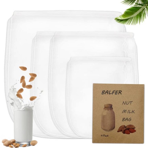 BALFER Pack of 4 Nut Milk Bags for Vegan Nut Milk & Almond Milk - Fine Mesh Filter Cloth, Strainer, Straining Cloth (3 Sizes)