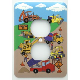 Construction Outlet Metal Switch Plates Cover Construction Theme with Bulldozers, Tractors, Cement Truck, Steamroller, and Dump Truck