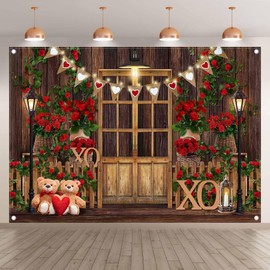 Luminora Fabric 7x5ft Rustic Wooden Valentine's Day Photography Backdrop Red Rose Barn Door Love Heart Flags Background Bridal Shower Wedding Party Decor Photo Banner