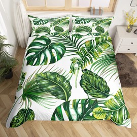 Erosebridal Palm Leaves Comforter Cover Monstera Banana Leaves Duvet Cover Hawaiian Tropical Leaves Bedding Set Green Leaves Branches Quilt Cover for Men Women, White 3 Pcs Queen Size