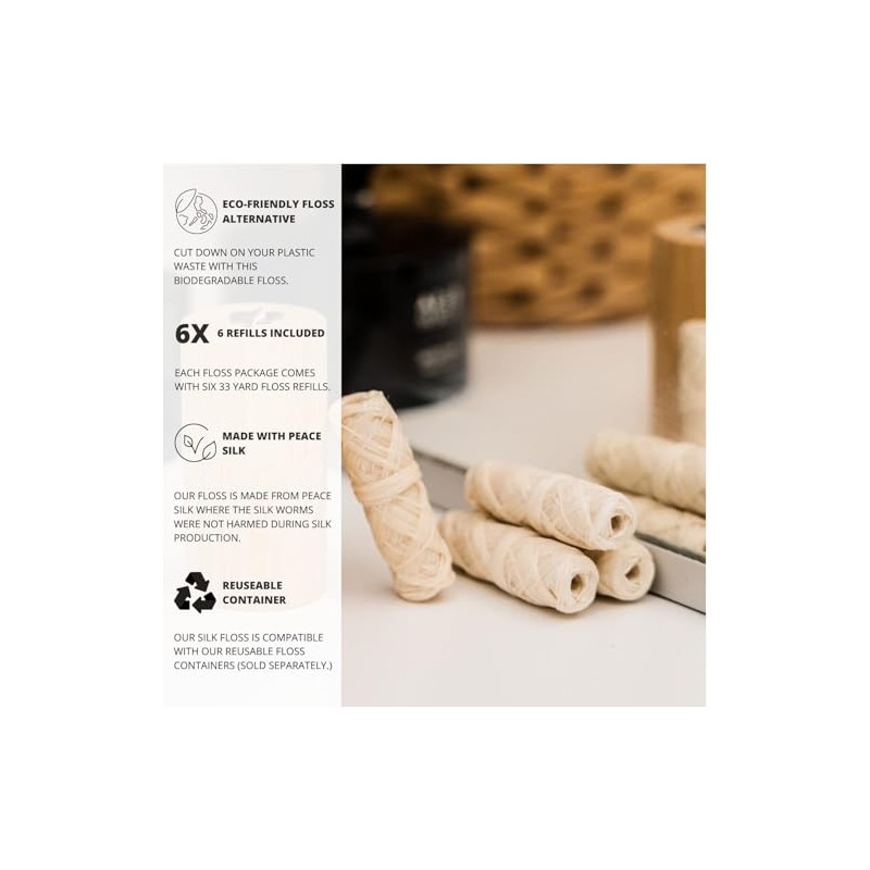Hilo dental de seda biodegradable, paquete de seis unidades, recambios