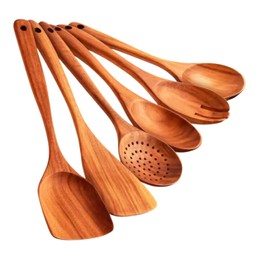 Natural Teak Wood Cooking Spoon set of 6, Teak Wood Cooking spatula, Non-Toxic and Non-Sticky, Cooking Utensils-big Wooden Cooking Spoon,