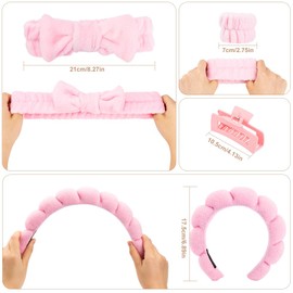 7 Pcs Spa Headband,Makeup Headband,Headband for Washing Face,Skin Care Headband and Wristband Hairpin Set,Bow Spa Headband,Shower Hair Accessory Set（Pink）