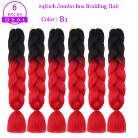 Jumbo Box Braiding Hair Extensions 24 Inch Black to Red High Temperature Synthetic Fiber 6 pcs Ombre Colored Braiding Hair Twist Crochet Braids for Black Women(24",B1)