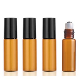 4Pcs Roll On Vuoto per Oli Essenziali, 5 ml Marrone Bottiglie Vuote in Vetro, con Sfera in Acciaio Inossidabile, Boccette Vetro per Aromaterapia, Profumi, Oli Essenziali e Cosmetici