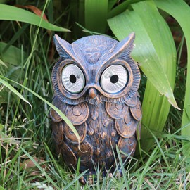 Dnoifne Owl Outdoor Garden Ornaments, Solar-Powered Resin Owl Statue with Solar Lights, Brown, Handmade, Classical Style, Tabletop, Waterproof, All Seasons Decor