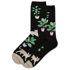 Hot Sox Womens Cats and Plants Crew Socks, 9-11, Black