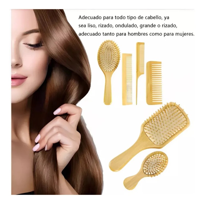 Kit De Cepillo Y Peine De Bambú Anti Frizz, 6