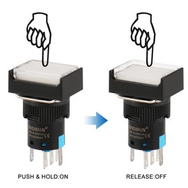 Baomain 5-Pack 16mm (5/8") 12V DC Momentary Push Button Switch with LED,White Rectangular Cap,5-Pin SPDT 1NO+1NC,5A 250V AC
