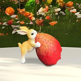 Generic Strawberry Rabbit Figurine Resin Animal Figurine Art Craft Housewarmings Gift Backyard Decoration for Indoor Outdoor Tabletop, Yellow