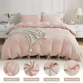 annadaif Pink Duvet Cover King Size (104x90 Inch), 3 Pieces Bowknot Ultra Soft Washed Microfiber Bow Tie Duvet Cover Set, Easy Care Bedding Set for Men, Women, Boys and Girls