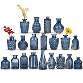 Glass Bud Vases Set of 20, Small Flower Vase in Bulk for Centerpieces, Mini Vintage Blue Vases for Rustic Wedding Vintage Home Table Decor