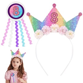 LUKIUP Corona di compleanno con numero di ragazze, corona principessa, compleanno, arcobaleno, corona con distintivo, fascia di compleanno per ragazza, 4-8 anni (8)