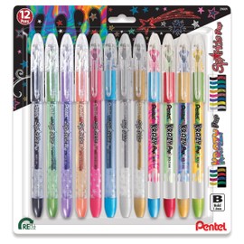 Pentel Sparkle and Krazy Pop, Metallic Gel Ink Pen, (1.0mm), Bold Line, Assorted Ink Colors, 12 count (K91BP12M)