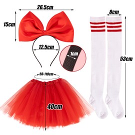 BOFUNX Women's Schokobons Costume, Red Tulle Skirt Tutu Skirt + Headband Large Bow Headband + Striped Knee Socks for Carnival Theme Party Costume Accessories, a