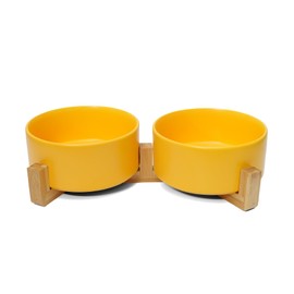 OniAnt Ceramic Dog and Cat Bowls with Wooden Stand, Modern Design Pet Food and Water Dishes Set for Medium and Large Dogs, Non-Slip Feeding Station with Weighted Base, Yellow, 28.7 oz - Set of 2