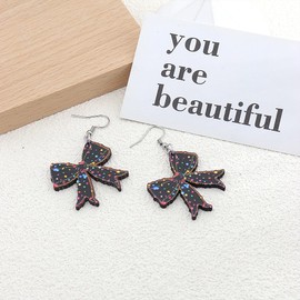 Christmas Bow Earrings for Women Cute Colorful Rhinestone Black Bowknot Dangle Earrings Lightweight Wooden Cartoon Earring Funny Christmas Jewelry Gifts (Black)