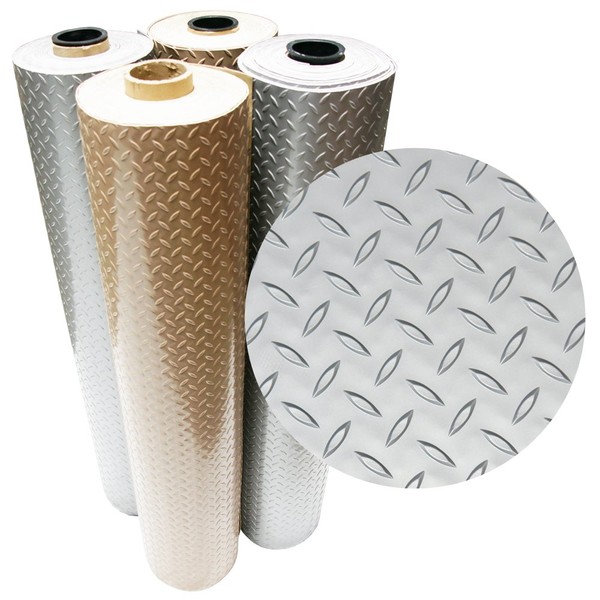Rubber-Cal Diamond Plate Metallic PVC Flooring, Silver, 2.5mm x 4' x 4', Model: 03-W266-S-04