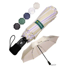 Chakipee Large Storm Resistant Compact Travel Umbrella - Automatic Pocket Umbrella for Men and Women, 8 Ribs Umbrella, Portable 210T Fabric, 97 cm Span, Purple Beige Stripe
