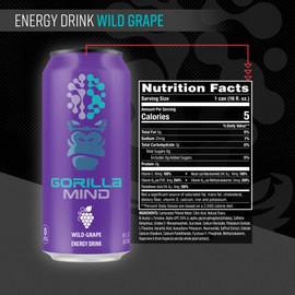 Gorilla Mind Energy Drink | Unmatched Energy · Amplified Focus | N-Acetyl-L-Tyrosine, Alpha-GPC, 200mg Caffeine, Uridine, Saffron | 0 Sugar Or Artificial Colors | 16oz, 12-Pack (Wild Grape)
