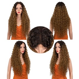 Noble Star Long Curly Lace Front Wigs, 30 Inches, Dark Roots, Middle Part, HD Lace Front Wig, Super Soft Organic Hair, Synthetic Wigs for Women, 130% Density (Ombre Blonde)