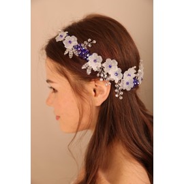 BERYUAN Women White Flower Blue Beads Crytsal Hair Vine Silver Wedding Handmade Headband Flower Beads Hair Accessory Silver Headpiece for Brides Bridesmaid
