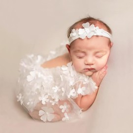 Newborn Photography Outfits Girl, Photo Shoot Props, Baby Girls Bodysuit with Flower Headband (White)
