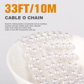 33 Feet Silver Pearl Beads Chains Roll, 5mm Faux Pearls Beaded Silver Plated Brass Cable Link Chain Spool Bulk for Jewelry Making DIY Craft