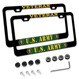2 Pcs License Plate Frame for U.S. Army Veteran Black Matte Aluminum Car Plate Cover Holders with Screw Caps