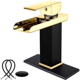 Midanya Waterfall Bathroom Faucet,Single Handle Lavatory Vanity Sink Faucets 1 or 3 Hole Open Spout with Water Hose and Pop Up Drain, Waterfall Spout,Black and Polish Gold