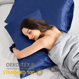 Vielit Set of 2 Satin Pillowcases, 40 x 80 cm, Dark Blue, Soft as Silk Pillowcases, Better Care Than Silk Pillowcases, for Hair and Skin, with 2 Hair Scrunchies
