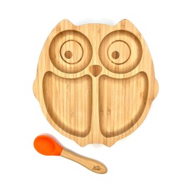 Kleiner Fuchs High-quality bamboo plate with suction cup, non-slip suction cup with matching baby spoon makes meals fun, bamboo tableware set with gift box - learning to eat with owl design