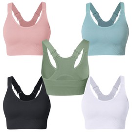 Atxnn Women's Sports Bra Adjustable Wide Shoulder Strap Yoga Bra Push Up Bustier Crossback Seamless Without Underwire with Removable Padded for Fitness Running Jogging, 5 Pieces