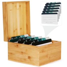 MaxGear Index Card Holder, 5 x 8 Inch Wooden Business Card Organizer for Desk with 3 Dividers, Bamboo Index Cards Box with A-Z Tabs Holds 600 Cards for Recipe Flash Storage