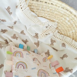 insular Cotton Muslin Baby Blanket with Tassel, Boho Bohemian Muslin Swaddle Blanket Baby Receiving Blanket with Fringe, Nursery Decor Throw or Nursing Blankets, 47" x40”, Little Bear