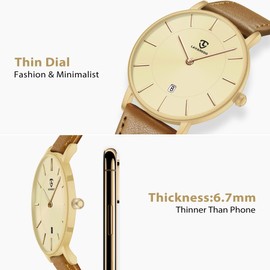 L LAVAREDO Watch for Men, Extremely Thin Mens Watches Minimalist Analog Men's Leather Wrist Watches with Time/Date, Birthday Gift for Men Boyfriend, 04-LightOrangeGold-P, Men Watch