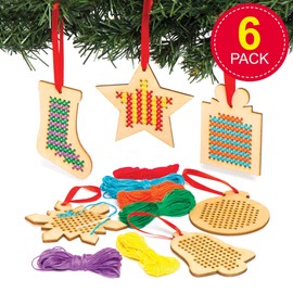 Baker Ross AC505 Christmas Wooden Decoration Cross Stitch Kits (Pack of 6), Assorted