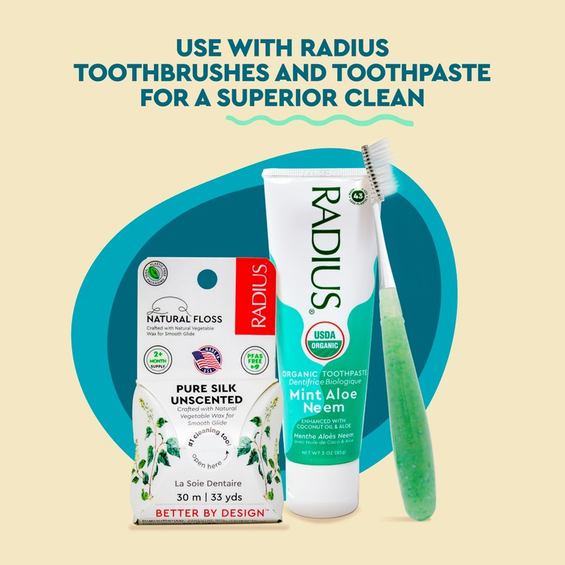 RADIUS Dental Floss, Natural Floss, Unscented Silk, 33 Yards, Compostable