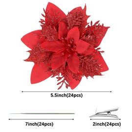 N&T NIETING 32Pcs Poinsettias Artificial Christmas Flowers, 5 inch Glitter Christmas Flowers Artificial for Decoration, Xmas Fake Flowers, Red
