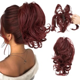 CJL HAIR Claw Clip Short Ponytail Hair Extensions Bendable Metals Messy Bun Hair piece Wavy Curly Fake Hairpieces (Burgundy, Wavy)