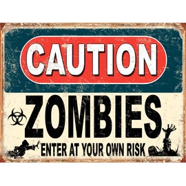 Shawprint Caution Zombies Enter At Your Own Risk Funny Metal Signs Father's Day Home Pub Indoor & Outdoor Garden Bar Garage Vintage Wall Plaque Man Cave Gift Retro (A3)